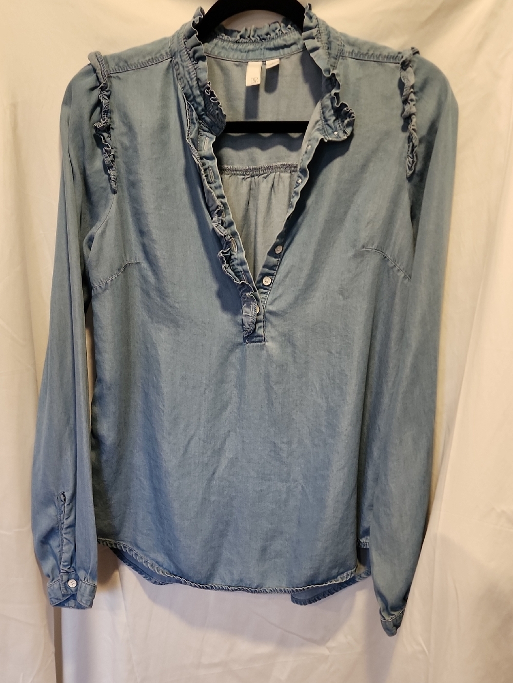 Light Denim Blue Tencel Chambray Ruffle-Trim Long Sleeve Top By BP (NORDSTROM)